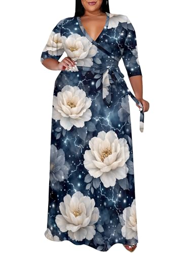 Image of SUZONANA Women's Plus Size Maxi Dresses Casual Loose Short Sleeve Long Maxi Dress with Belt Wedding