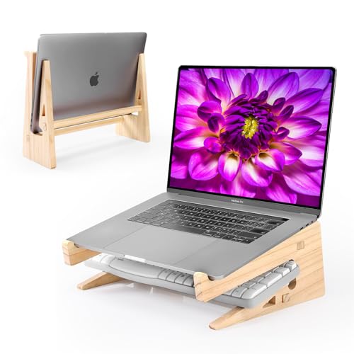 VNYOTT Wooden Laptop Stand for Desk, Vertical & Horizontal Wood Laptop Riser with Keyboard Storage...