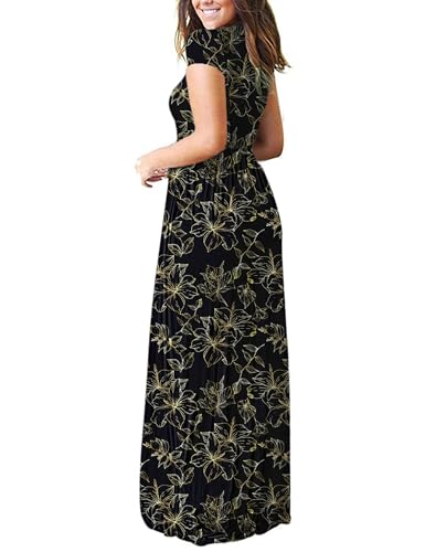 Image of MISFAY Women's Short Sleeve Maxi Dresses Long Casual Dresses with Pockets | Empire Elastic Waist, Crew Neck, Floor Length, Strentchy Flowy A Line Fit, Loose Plain Summer Outfits, Vacation Wear