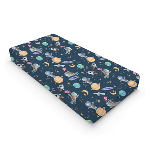 Image of Cartoon Outer Space Galaxy Ship Astronaut Changing Pad Cover Cute Spaceman Moon Stars Changing Table Sheets for Baby Boy Girl Soft Breathable Stretchy Diaper Changing Pad Mats Cover 32''x16''