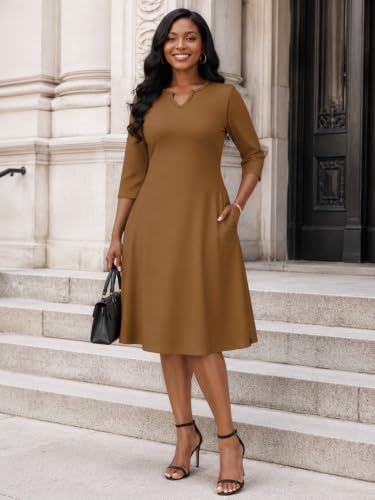 Image of PinkPatty Women's Casual 3 /4 Sleeve Midi Dresses Fit and Flare Church Work Dress with Pockets