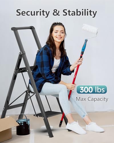 Image of SOLADDER 3 Step Ladder, Slim Folding Steps Stool with Handrail, Iron Foldable Black Ladder with Anti-Slip Wide Pedal, for Home, Kitchen, Office, Garage Use (300 lbs Capacity)