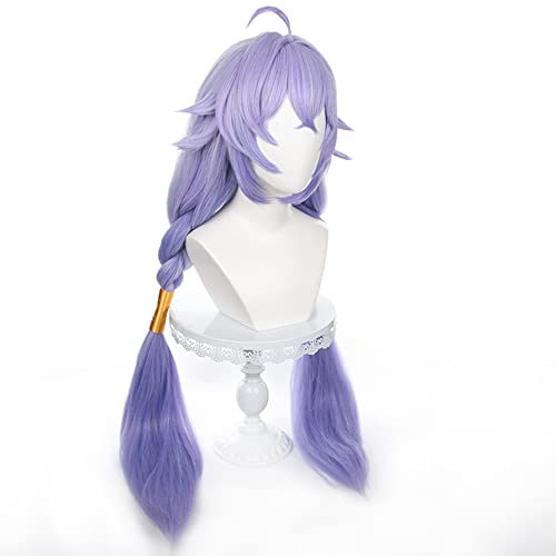 Image of Anime Purple Wigs with Bangs Long Straight Loose Wig with Two Braid Ponytail Adult COS Game Dragon Bai Cosplay Wigs Halloween,Christmas,Comic con,Game Show,Party