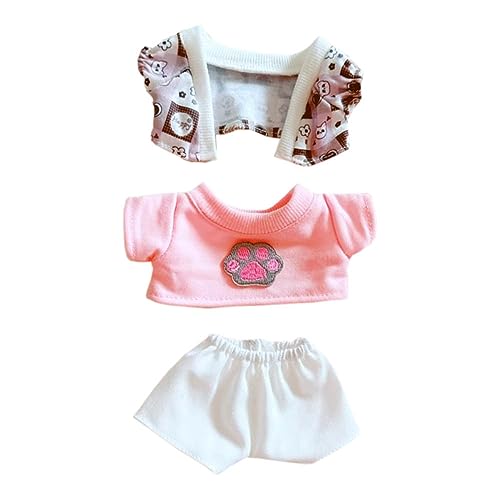 niannyyhouse Ropa de muñeca de felpa de 20 cm, abrigo, camiseta, pantalones, garra, conjunto de 20 cm, accesorios de peluche suave (rosa)