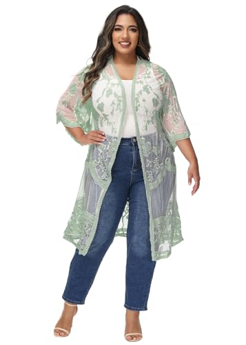 Image of Anna-Kaci Women's Plus Size Lace Cardigan Embroidered Long Kimono Dusters with Half Sleeves