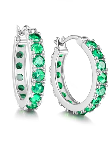 Moissanite/Sapphire/Ruby/Emerald Novelty Setting Earrings 20mm Small Chunky Hoops for Women, Solid 925 Sterling Silver with Gold Plated, Hypoallergenic Huggie Earrings, Anniversary Birthday Valentines Jewelry