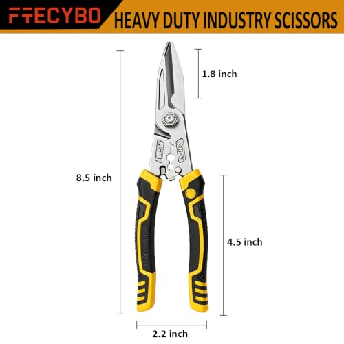 Image of Heavy Duty Industrial Scissors 8.5'', Utility Sharp Aviation Tin Snips, Finely Serrated CR-V Blades with Safety Lock, for Cutting Wires, Cardboard, Plastic, Carpet,red (Yellow)