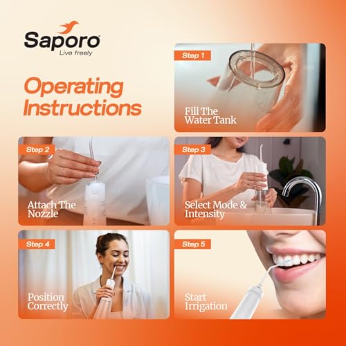 Image of Saporo AquaFlo Water Dental Flosser for Teeth, Cordless Oral Irrigator with 6 Cleaning Modes, 300ml Detachable Tank, Rechargeable & Portable, Gravity Ball Technology, 2 Nozzle Tips for Home & Travel