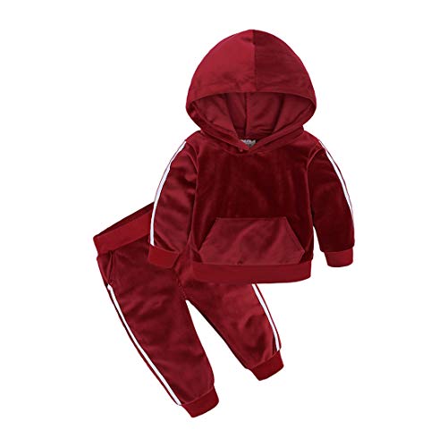 Boys Girls Velvet Hooded Tracksuit Sweatshirt Top + Sweatpants Hoodie Outfit Set Red