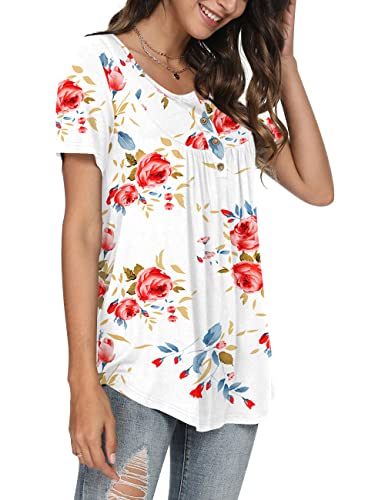 Popyoung Women's Plus Size 2023 Summer Henley Shirts Button Up Tunic Tops Casual Short Sleeve Blouse T-Shirts 3Xl, Floral White #TOP2