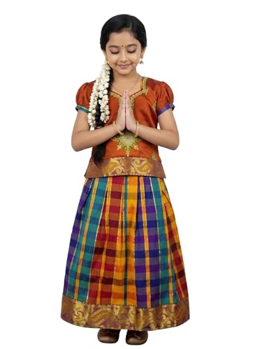 Image of Girls Traditional Silk Pavadai Sattai Lehenga Choli with Waist Belt | Ethnic Festival Wear for Girls, Perfect for Weddings, Pongal, Religious & Special Occasions
