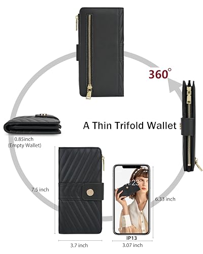 Image of Black Women's Trifold Wallet,Large Capacity RFID Long Wallet | 16 Card Slots,2 ID Windows,4 Bill Compartments,Vegan Leather,Double Zipper Pockets,Large Capacity Organizer