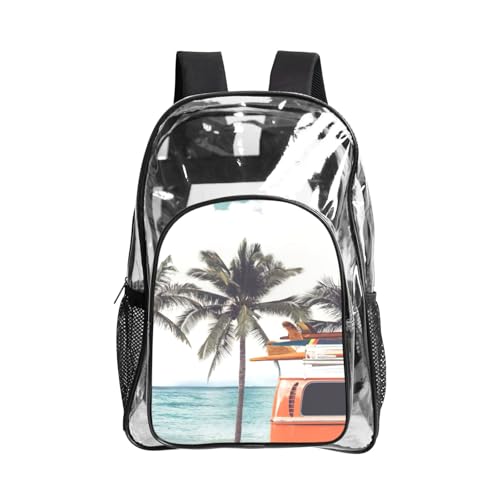 Sac transparent renforcé étanche avec imprimé bus et palmier