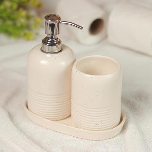 Image of Ceramic Bathroom Accessories Set of 3 | Soap Dispenser, Toothbrush Holder & Multipurpose Tray | Modern Bathroom Organizer Set for Home, Bathroom, Wash Basin & Kitchen Use, Light Cream