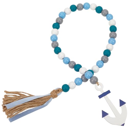 CRASPIRE Blue Wooden Bead Garland Wood Beads Strands Summer Sea Ocean Themed Ship Farmhouse Rustic Beads Hanging Pendant Ornament with Jute Rope Tassel for Tiered Tray Wall Party Home Room Decors