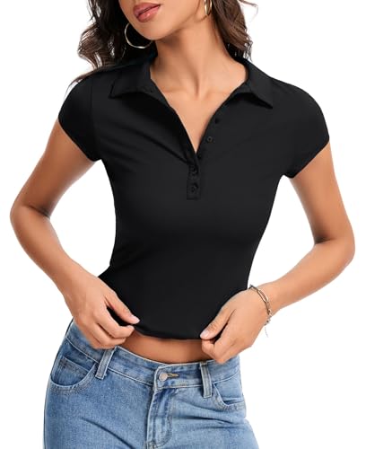 Womens Collared Shirts Fitted Polo Shirt Short Sleeve V Neck Summer Tops2