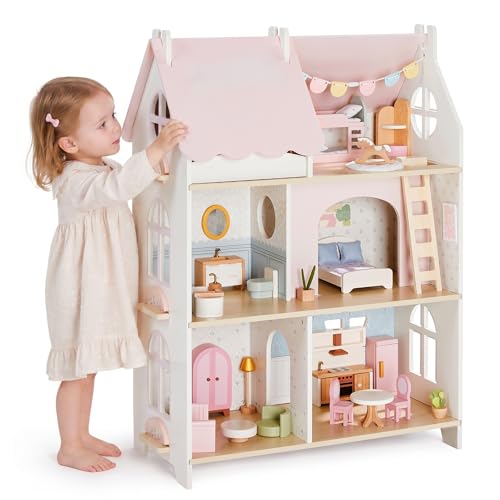 Giant bean Cloud Cottage Wooden Dollhouse for Girls 3-Story 6 Rooms Modern Scandinavian Doll House with 36PCS Furniture Set Cute Pink Pretend Play House Toy Gift for Toddlers & Kids Ages 3+