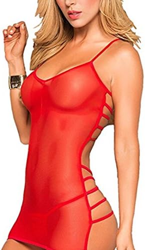 Women Sexy Seduction Bandages Back Gauze Underwear Mini Babydoll Bodysuit Dress (Red, Free Size: 76-100cm)