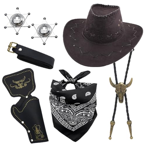 Cowboy Fancy Dress Accessories Set, 7PCS Cowboy Hat Costume Set with Hat Necklace Belt Bandana Western Outfit Accessories Sets Western Fancy Dress Carnival Costume Sets for Adults Cosplay(Black)