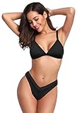 SHEKINI Damen Sexy Triangel Zweiteiliger Bikini Brazilian Tief V Ausschnitt Dekollte Oberteil V Schnitt Hose mit Hohem Beinausschnitt (S,A-schwarz)