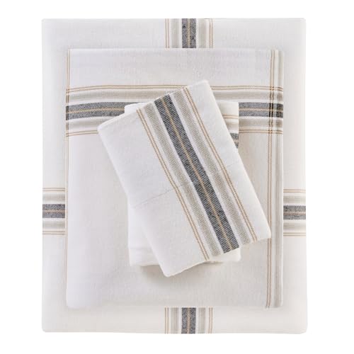 Image of Woolrich Cotton Sheet Set Cottage Charms Print, 100% Cotton Flannel Sheets Warm & Fuzzy Bedding Set Queen Size Sheets, Fitted Pocket Fits Up to 14 inch Mattress, Queen Tan Plaid 4 Piece
