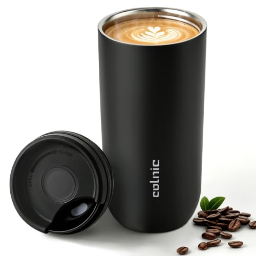 Image of 16 oz Travel Coffee Mug with Twist-Open Lid, Leak Proof Coffee Travel Mug, Insulated Tumbler Stainless Steel Coffee Cup For Hot And Iced Cold, Spill Proof Fits Cup Holder (Black)