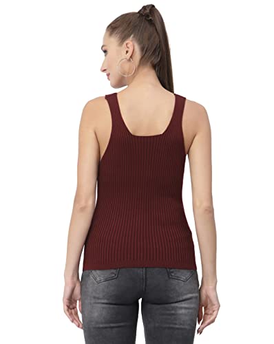 Image of Kalt Women Knitted, Ribbed Cotton Fitted Sleeveless V-Neck Cami Tank Top for Women Stylish
