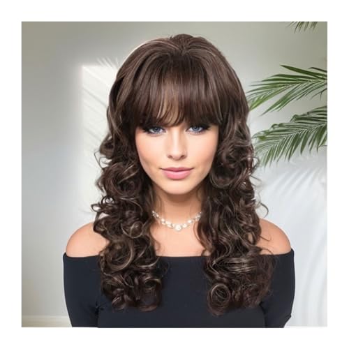 Perruque naturelle femme brune cheveux longs bouclés avec frange