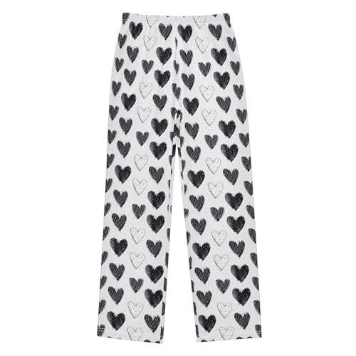 Black White Hearts Long Pajama Pants Elastic Waist PJ Bottoms with Pockets S A1133922