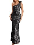 Women's One Shoulder Black Formal Evening Gowns Sequin Mermaid Maxi Dress for Wedding Guest Ceremony Anniversary Dress,XL