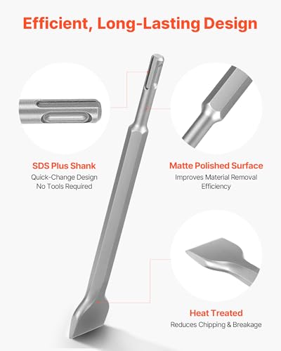 Image of VEVOR SDS Plus Chisel Set, 4 pcs SDS Plus Rotary Hammer Drill Attachments, Includes Point, Flat, & Angled Spade Chisels, Heat Treated 40Cr Alloy Steel, Sharp Edge for Demolition, Concrete and Brick