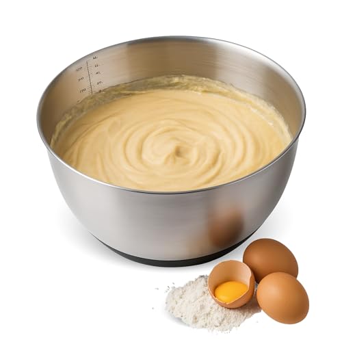 CHEFZOCO Cuenco para Mezclar con Escala Medidora base antideslizante, Bol de Acero Inoxidable, Tazón para Mezclar, Ensaladera de acero, Aptos para Lavavajillas, Diámentro 26 cm, Capacidad 5000 ml