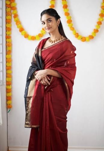 Image of Women's Cotton Woven Soft Sarees With Attach Blouse Piece.