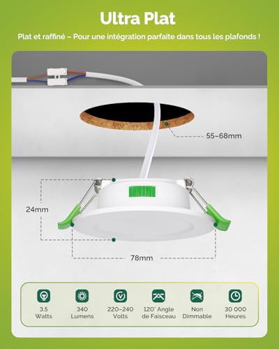 Fondiiz Spot LED Encastrable Extra Plat 3.5W 3CCT 220V, 55-68mm Découpe – vue 3