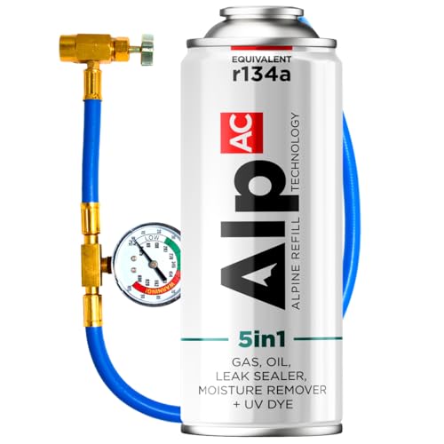 AlpAC 5in1 Kältemittel-Ersatz R134a Nachfüllset für Klimaanlagen – Entspricht R134a Gas inkl. Dichtmittel, Kompressor-Öl, UV-Lecksuchmittel & Trockner – Für Auto-Klimaservice – DIY Lösung