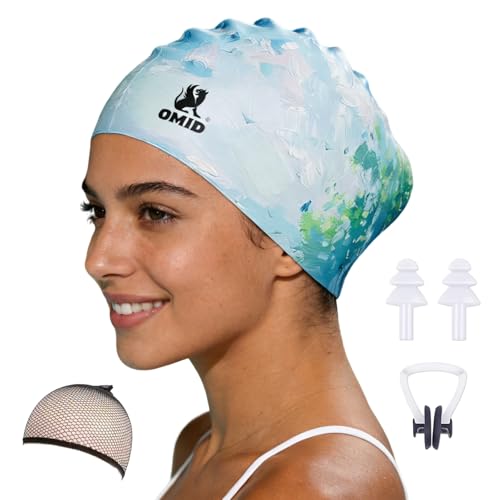 OMID Silicone Swim Cap for Women - Drag Reducing Silicone Swimming Cap for Long Hair Adults, Waterproof Pool and Beach Gear (Forests)
