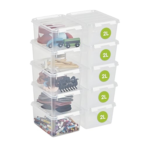 SmartStore 2L Pequeñas Cajas de Almacenamiento de Plástico con Tapas Juego de 10 Transparentes Apilables y Encajables Apto para Contacto Alimentario, sin BPA Cierre con Clips - L 21 x l 17 x H 11 cm