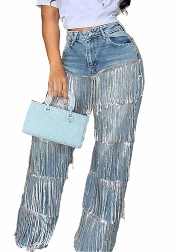 pnahip Women's High Waisted Sequin Fringe Jeans Baggy Straight Leg Sparkly Tassels Denim Pants Y2K Streetwear, Blue, M