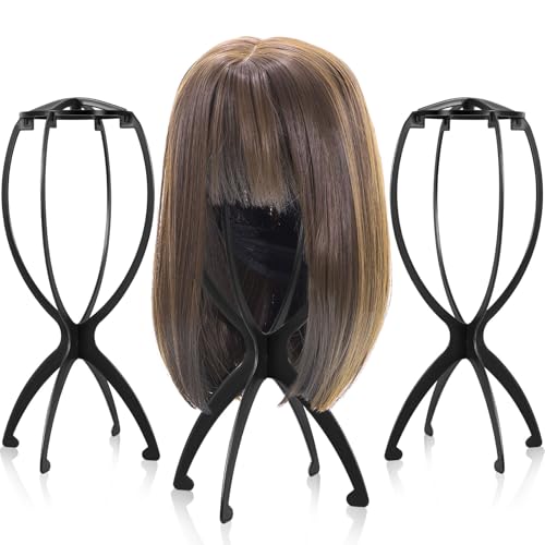 obeoby Wig Stand, Portable Wig Holder Wig Head Stand for All Wigs Travel Wig (black(3pack))
