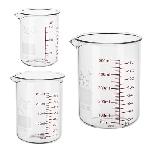 3 Piece High Borosilicate Glasss Liquid Measuring Cups, Includes 150ml(5OZ),250ml(8OZ),and 500ml(16OZ), Dishwasher, Freezer, Microwave, and Preheated Oven Safe, Essential Kitchen Tools
