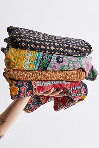 4 Piece Handmade Indian Vintage Kantha Quilts Reversible Bohemian Home Decor Blanket – Assorted Color Twin Size 85X55 Inches #TOP6