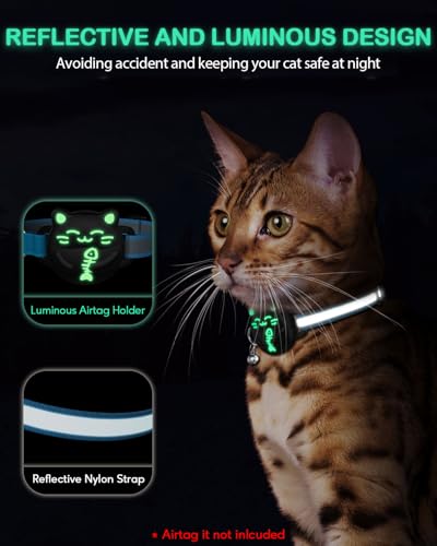 WROSWT Waterproof Airtag Cat Collar, Breakaway Cat Collars with Luminous & Reflective Strap for Apple Air tag, Kitten Safety Elastic Band, Lightweight Hidden GPS Tracker Holder(Blue, 9\"-14\")