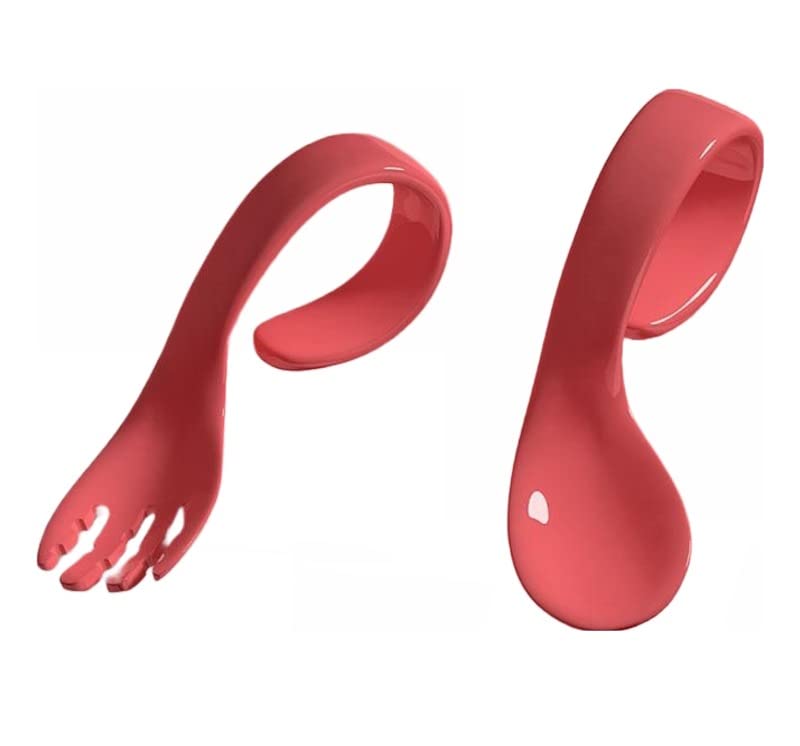 SYGA 2PCS Infant Baby Fork and Spoon Set Baby Feeding Learning Temperature Sensing Kid Utensils Toddler Anti-Choke Self Feeding Accessories (Twist Spoon Red Set)