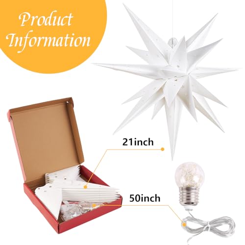 Image of SUNBEAUTY 21 Inches White Large Moravian Stars Outdoor Light Warm White LED Hanging Star Lights 3D Christmas Tree Topper Star for Holiday Wedding Birthday Porch Party Decor