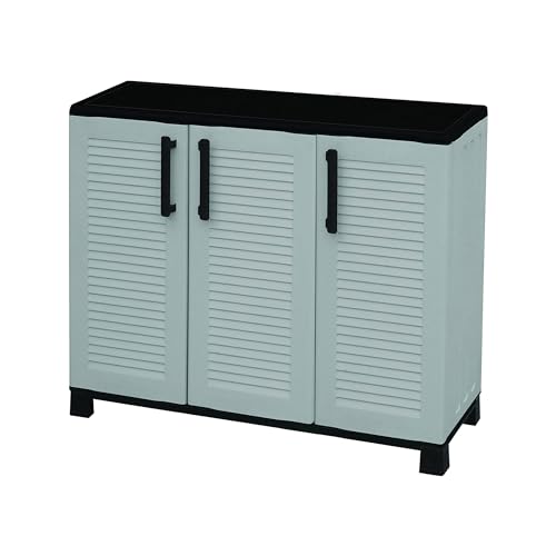 Dmora - Outdoor-Garderobe aus Fell, Mehrzweck-Balkongarderobe, 3-türiger Outdoor-Schrank, 100 % Made in Italy, 102 x 37 x 90 cm, Hellgrau und Schwarz, gestreifte Oberfläche