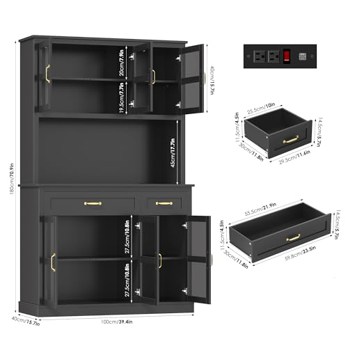 FINETONES 71\" Pantry Cabinet with LED Light and Charging Station, Kitchen Pantry Cabinet with Glass Doors and Microwave Stand, Kitchen Cabinets Hutch Cupboard with Doors and Shelves, Black