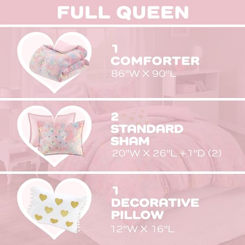 Image of Intelligent Design Queen Comforter Set, 4 Piece Metallic Hearts Bedroom Set for Girls, Queen Bed Set Soft Plush Comforter, Rosalie All Season Fluffy Bedding Set, Full /Queen, Pink Multi /Gold 4 Piece