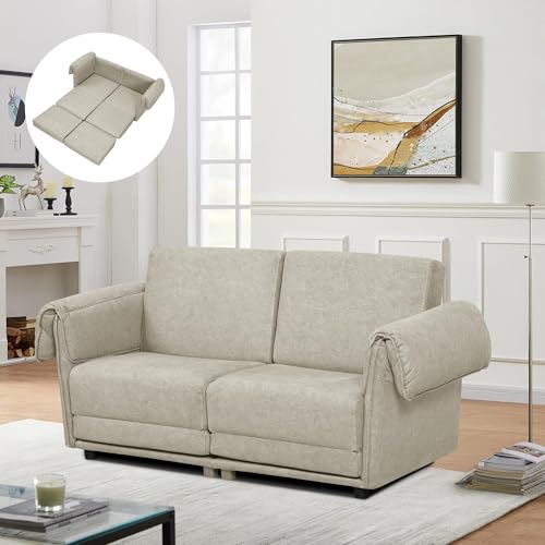 FHFO Loveseat Sleeper Sofa, Convertible Couch Bed Loveset Small Couchs for Small Spaces, 3 in 1 Pull Out Sofa Bed Modern 65" Comfy Futon Sofa Bed Queen for Living Room, Bedroom, Apartment (Beige)
