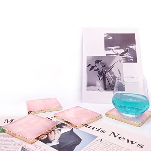 Rose Quartz Decor Coaster, Natural Pink Crystal Coasters Gold Edge Set Of 4 (Square 3.5''-4) #TOP4