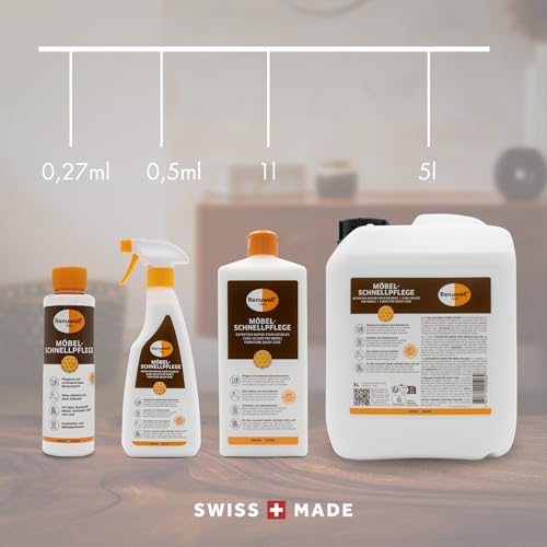 Renuwell Möbel Schnellpflege mit Bienenwachs, 500 ml – Reinigung und Pflege für Möbel und Holzoberflächen, entfernt Staub & Fingerabdrücke, frischt Farben auf, Schweizer Qualität